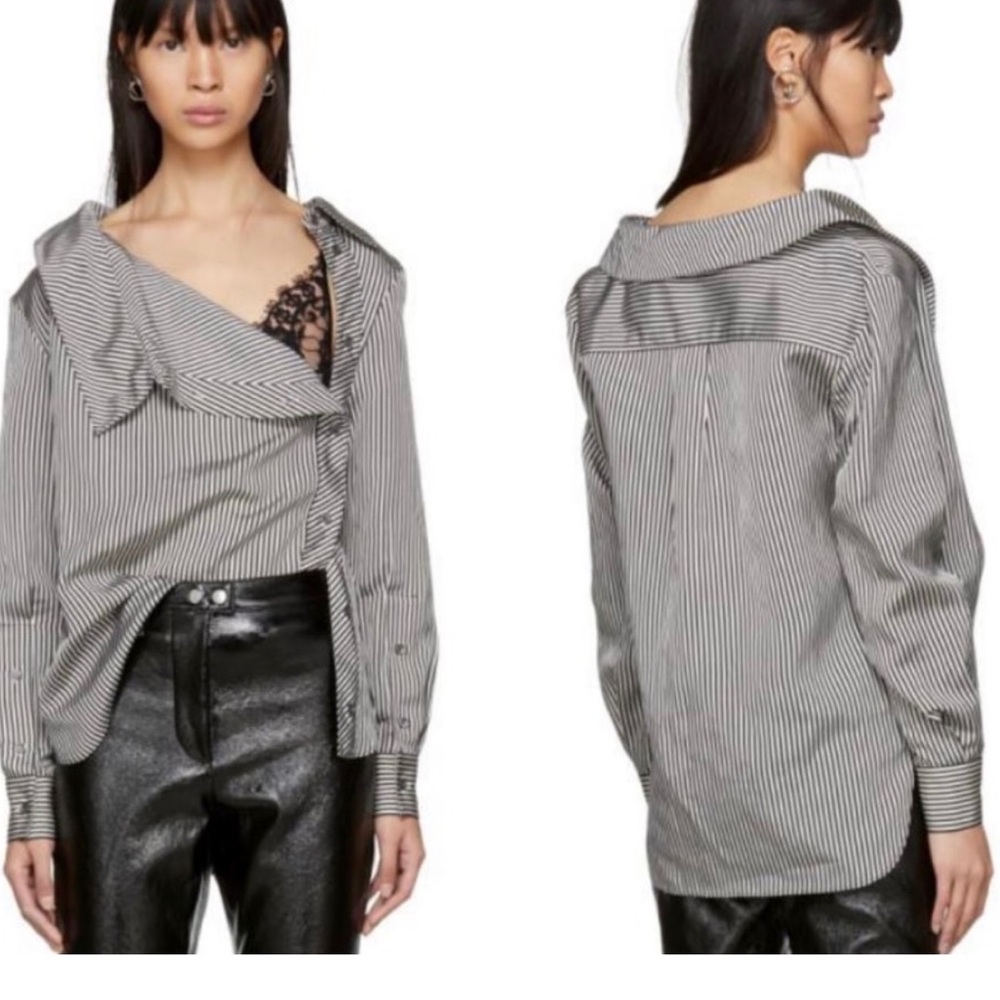 Altuzarra Black & White Eileen Striped Asymmetrical Button-down Blouse